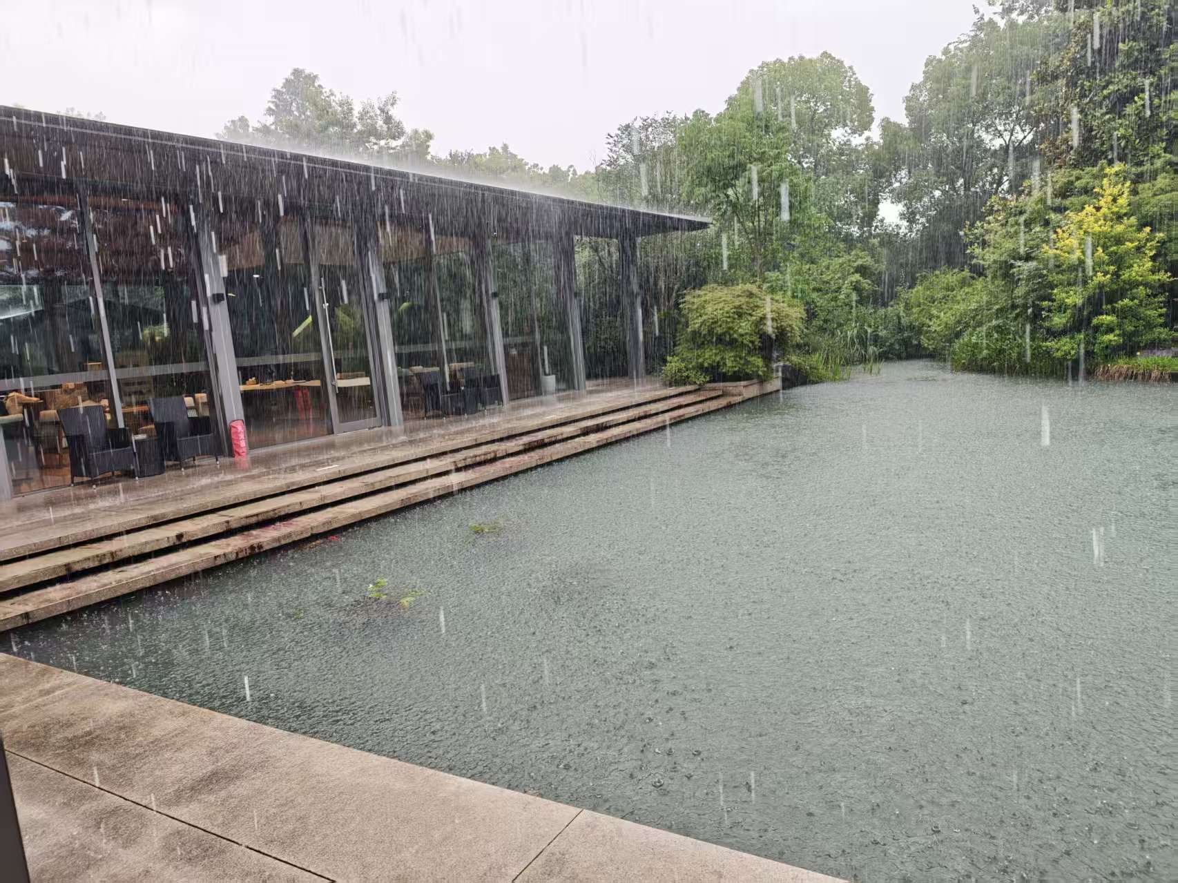 雨点落在池塘水面，岸边分布树木与廊道