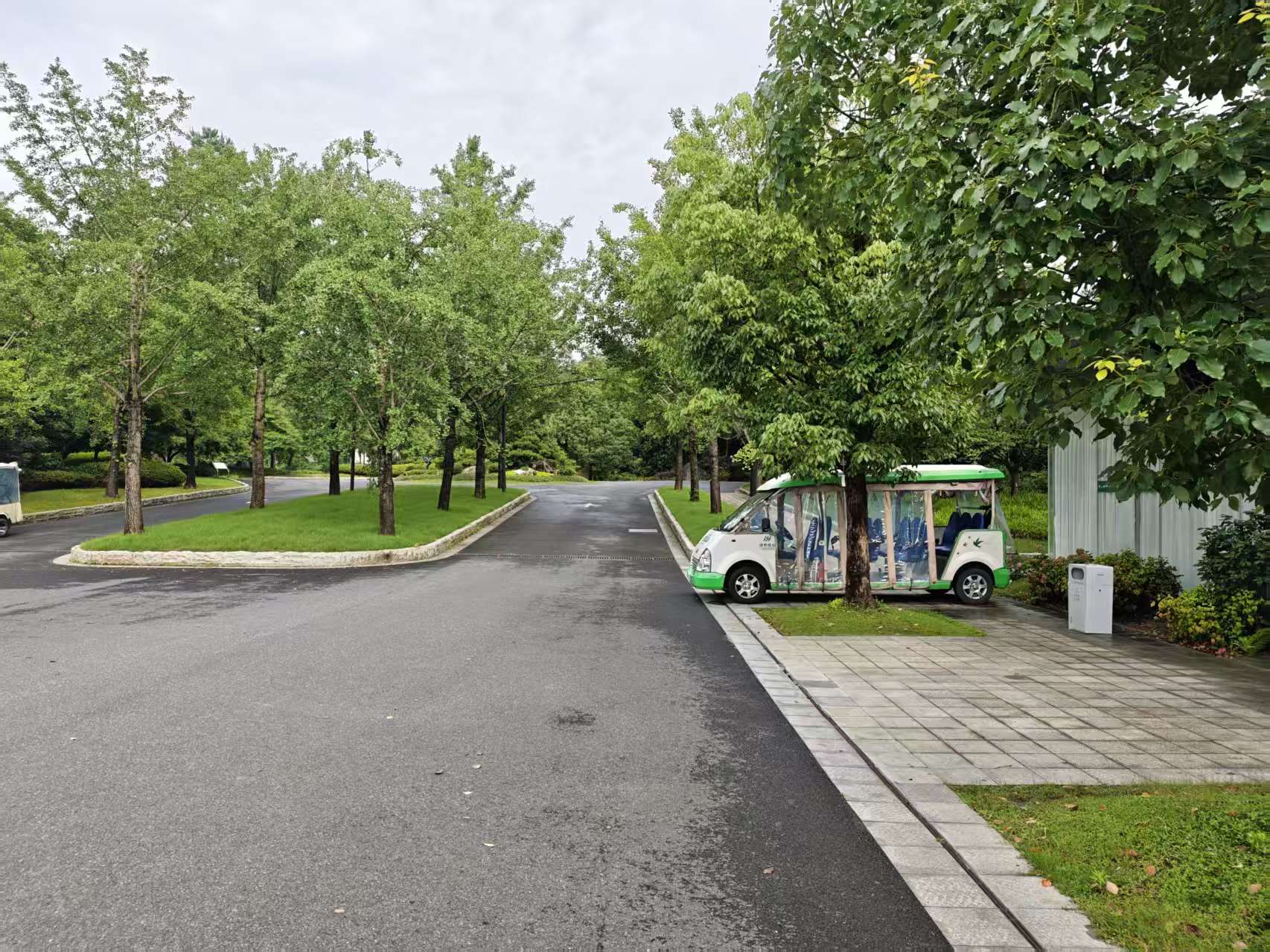 园内停车区域停放的电动游览车