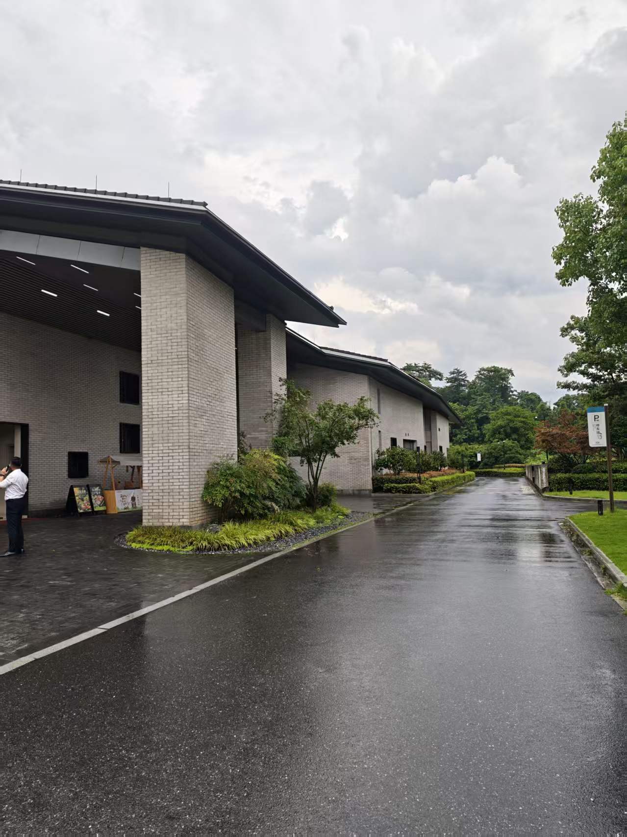 灰瓦建筑、路面与墙边绿化
